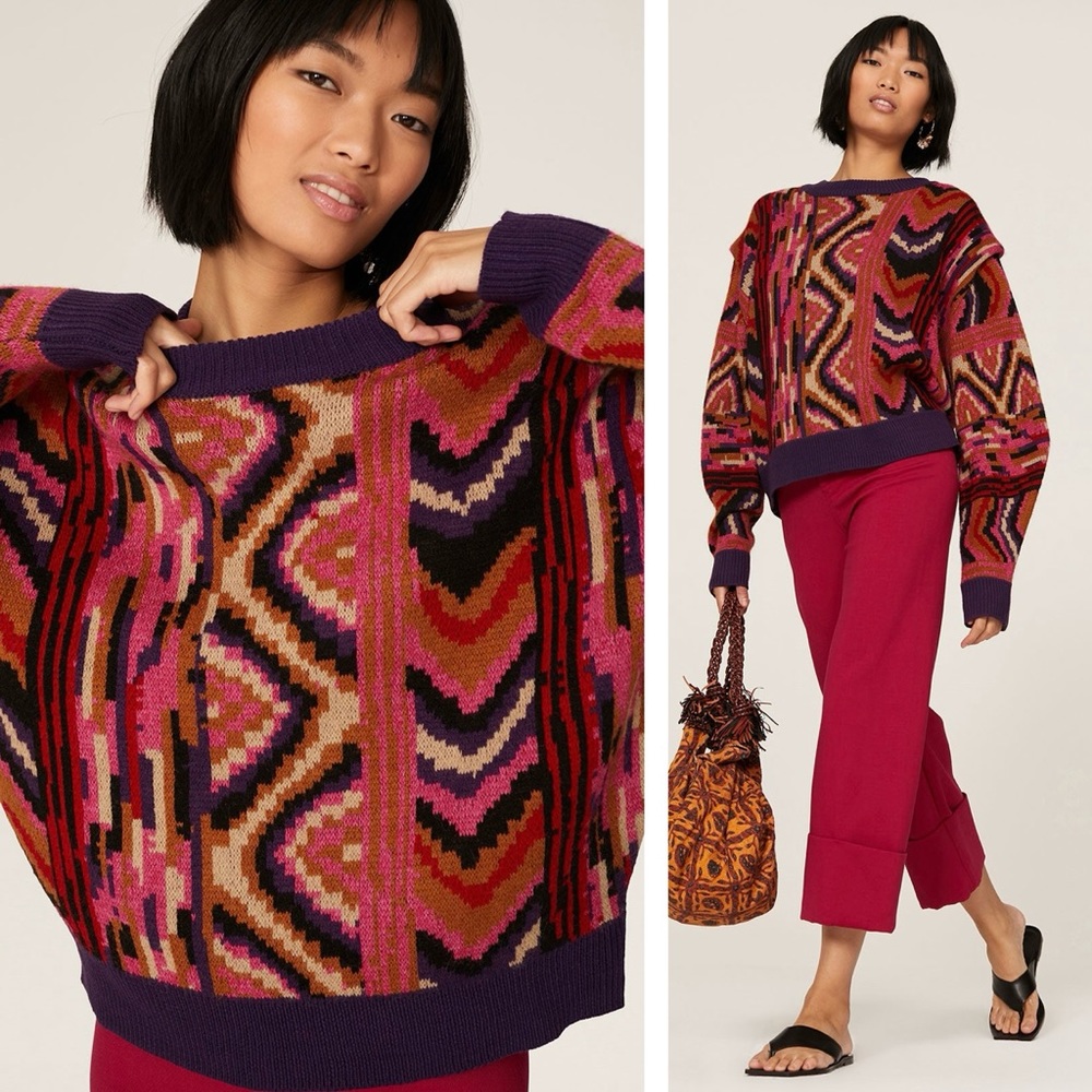 Farm Rio Boho Multicolor Striped Patchwork Knit S… - image 1